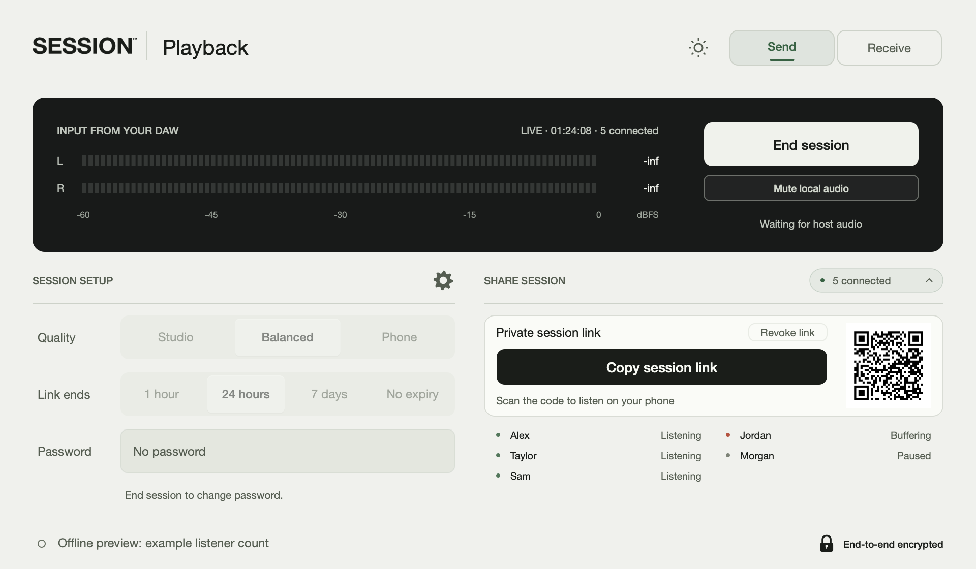 SESSION™ Playback Send interface with stereo meters and example listeners